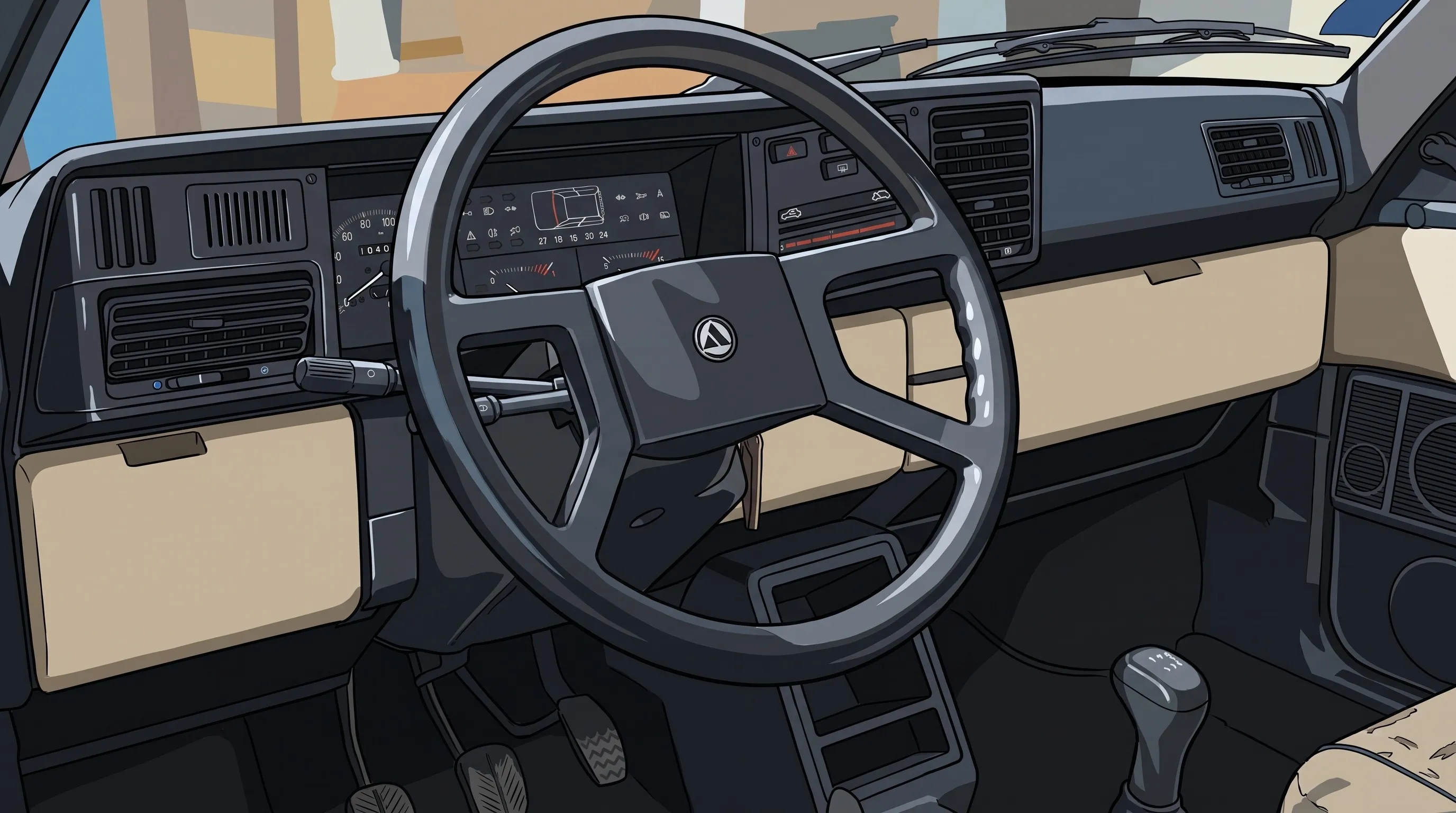 Interni della Autobianchi Y10 Mia con plancia e pannelli chiari